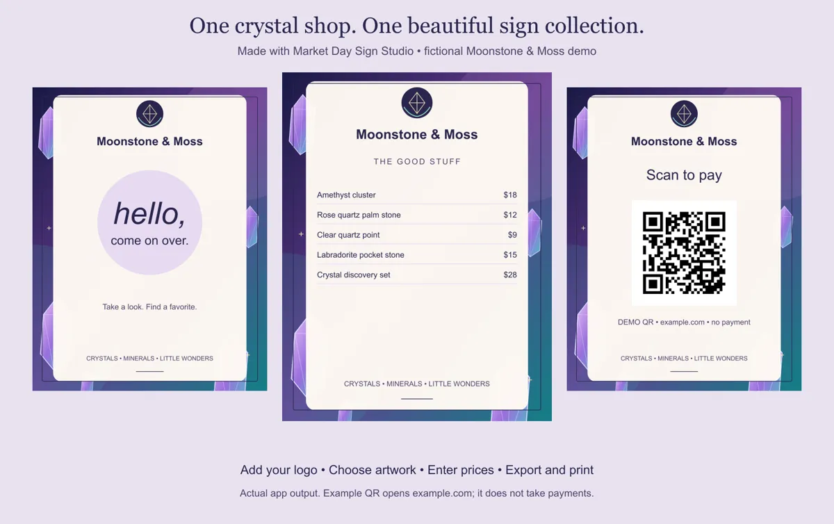 Welcome, price-list and scan-to-pay signs for a fictional crystal shop, made with Market Day Sign Studio