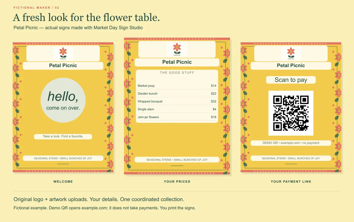 Matching signs for a fictional flower stand